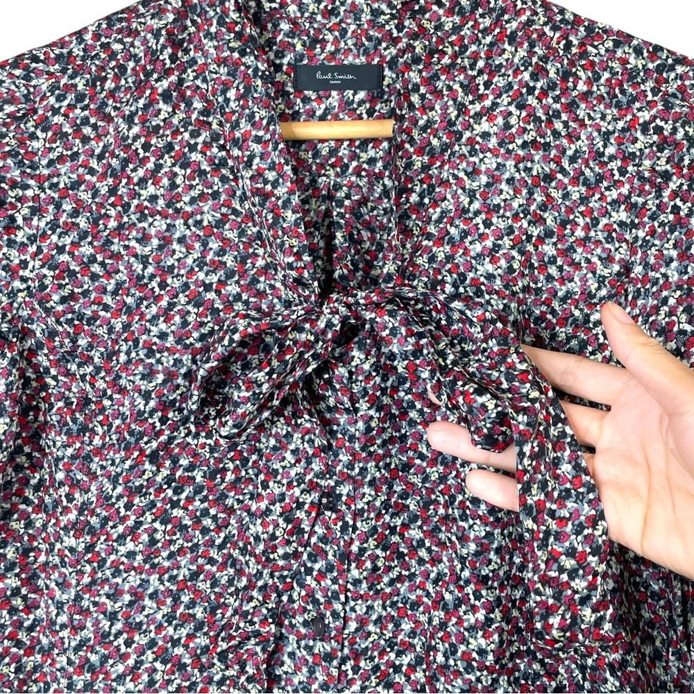 Paul Smith Women Blouse Black Floral Tunic Top 100% silk Bow Tie Size 40 EUC - Picture 4 of 12